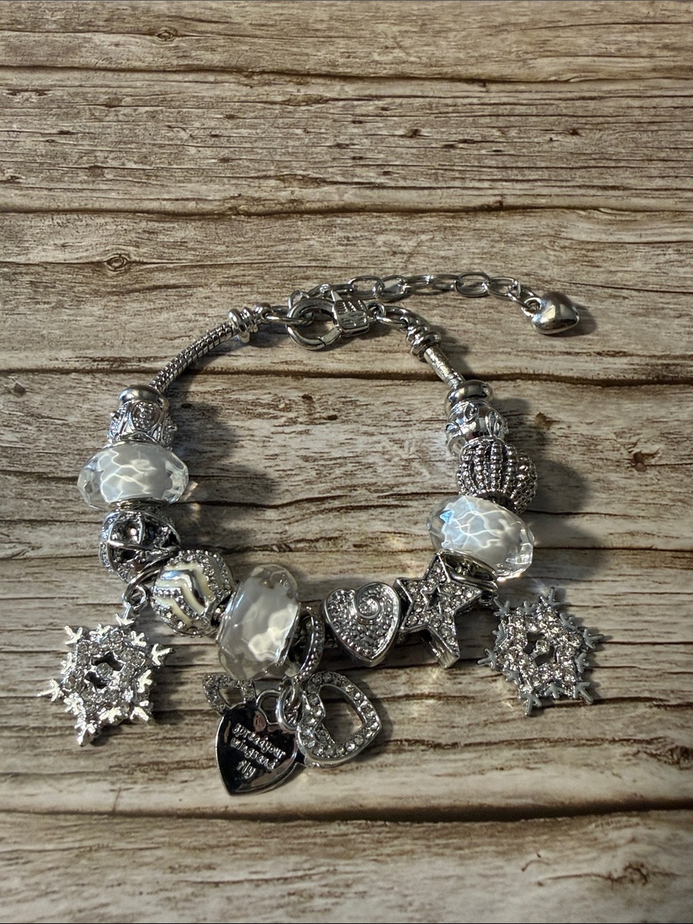 Silver Charm Bracelet with Heart and Snowflake Charms Stainless Steel